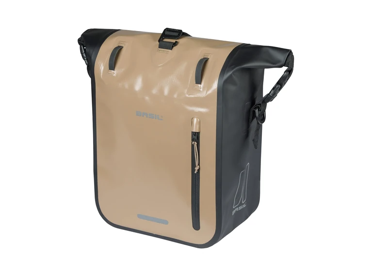 Basil Rivo Single Bicycle Pannier Rack - Waterproof 12-15L - Reflective - Made of Tarpaulin - with MIK Hooks - 25 x 14 x 38 cm - Sand