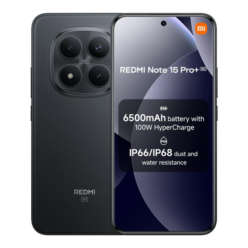 XIAOMI Redmi Note 15 Pro+ 5G, Smartphone 8+256 GB, Massive 6500mAh Battery, IP66/IP68, New 200MP Camera, 6.83" AMOLED Display, Black, Warranty 2 years, Charger Not Included