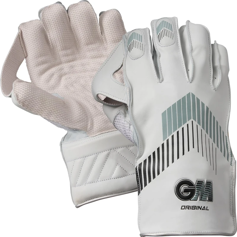 GM Original Cricket Wicket Keeper Keeping Gloves | Aniline Leather Back of Hand | Octopus Grip Rubber Palm Facing | Large Adult | 1 Pair | White with Grey & Black Chevron | Gunn & Moore