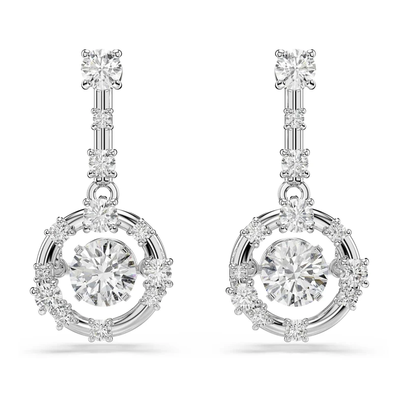 Swarovski Constella Drop Earrings, Round Cut, Dancing Stone, White, Rhodium Plated