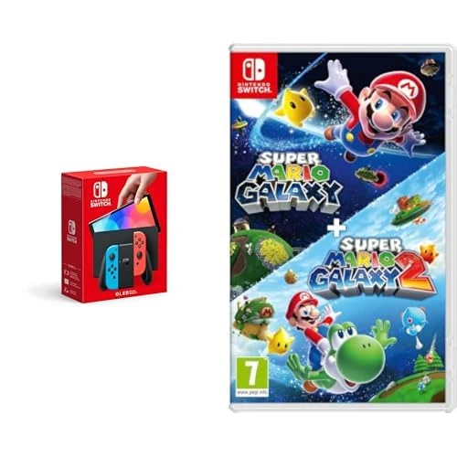 Nintendo Switch (OLED Model) - Neon Blue/Neon Red & Super Mario Galaxy + Super Mario Galaxy 2