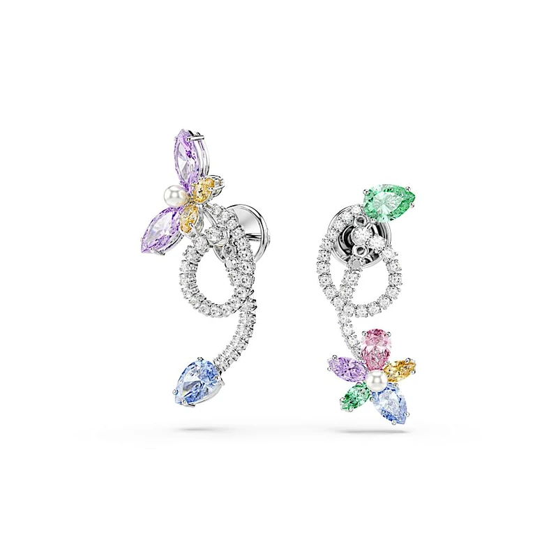 Swarovski X Ariana Grande Drop Earrings With Ear Jacket, Mixed Cuts, Dragonfly, Flower, Multicolored, Rhodium Plated