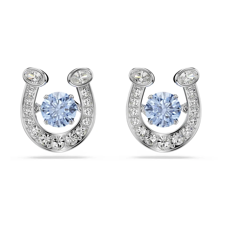 Swarovski Symbolica Stud Earrings, Round Cut, Pavé, Horse Shoe, Blue, Rhodium Plated - Image 1