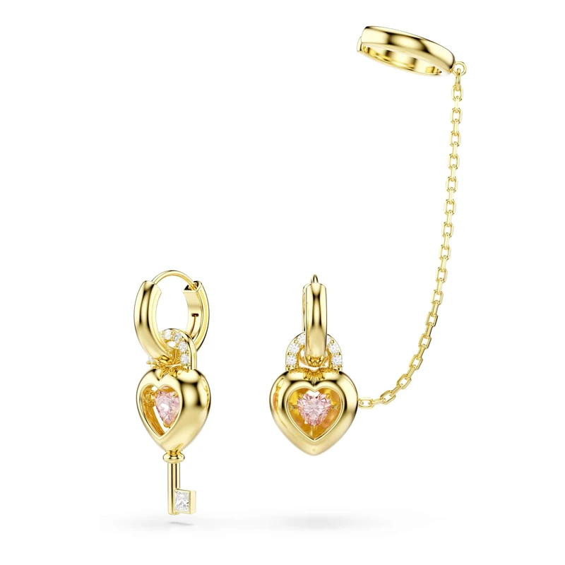 Swarovski Idyllia drop earrings with ear cuff, Mixed cuts, Heart with key, Pink, Gold-tone plated