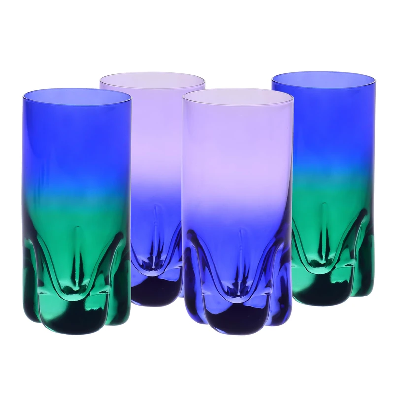 Krosno Coloured Drinking Glasses Set of 4 - Crystal Tumblers for Cocktails, Water and Juice - 300 ml Hand-Painted Lead-Free Crystal, Purple&Navy/Green&Navy - Aurora Collection Gift Box