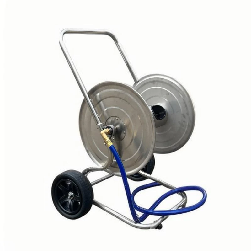 Relaxdays hose cart, holds up to 200 m, mobile drum, HWD 94 x 61 x 60 cm, hose reel, stainless steel, silver