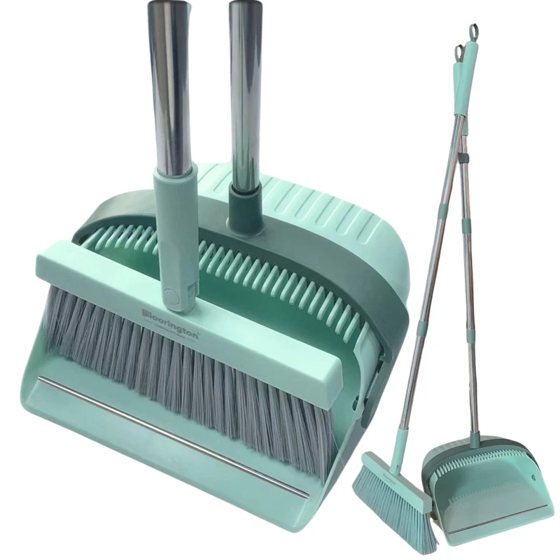 FLOORINGTON Long Handled Dustpan and Brush Set Upright Broom with Soft Bristles & Durable Dustpan for Indoor and Outdoor Cleaning (GREEN)