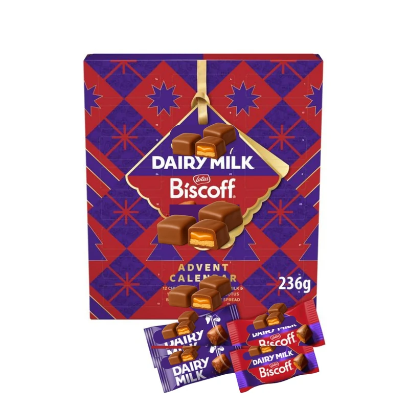 Dairy Milk and Lotus Biscoff Chocolate Advent Calendar, 236g – with thank you sticker - Christmas Countdown Gift for Adults & Kids, 25 Days of Premium Festive Chocolate Treats