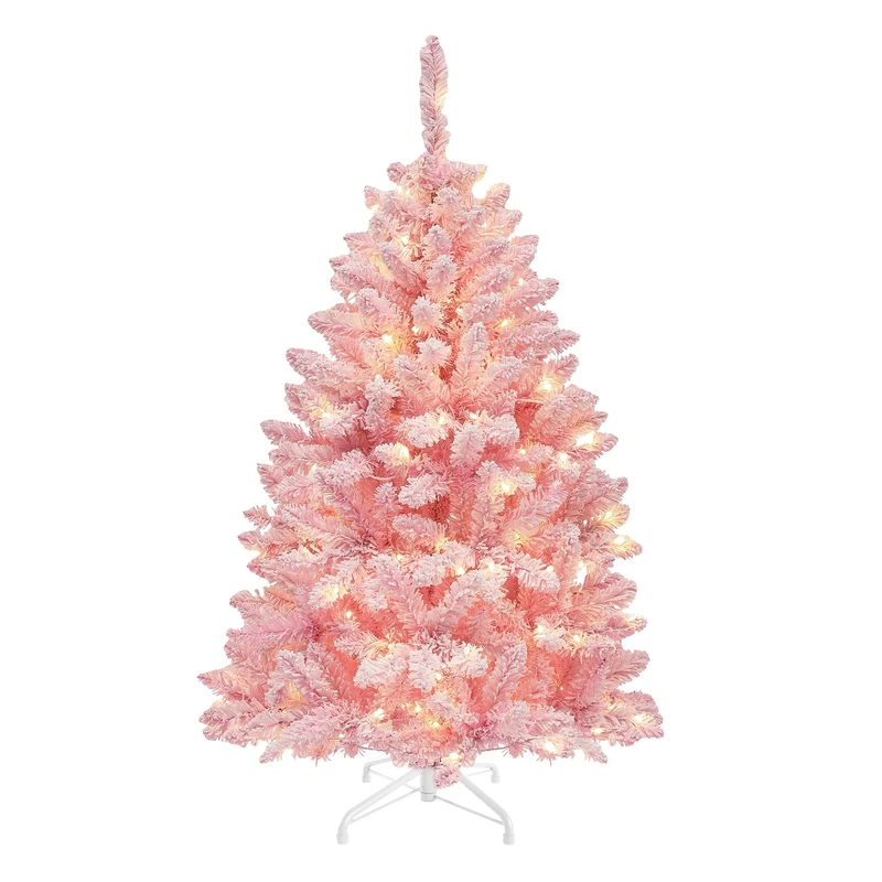 YITAHOME137cm Prelit Pink Flocked Spruce Artificial Christmas Tree, Pre-Lit Pink Christmas Tree with 400 PVC Tips and 200 Warm-White Lights for Home, Office Decoration