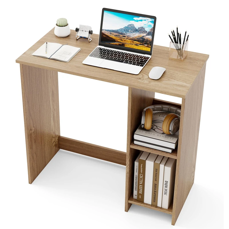 FANTASK Desk with 2 Compartments, Small Computer Desk with Storage Space, PC Table, Work Table for Small Spaces, 80 x 40 x 74 cm (Natural)