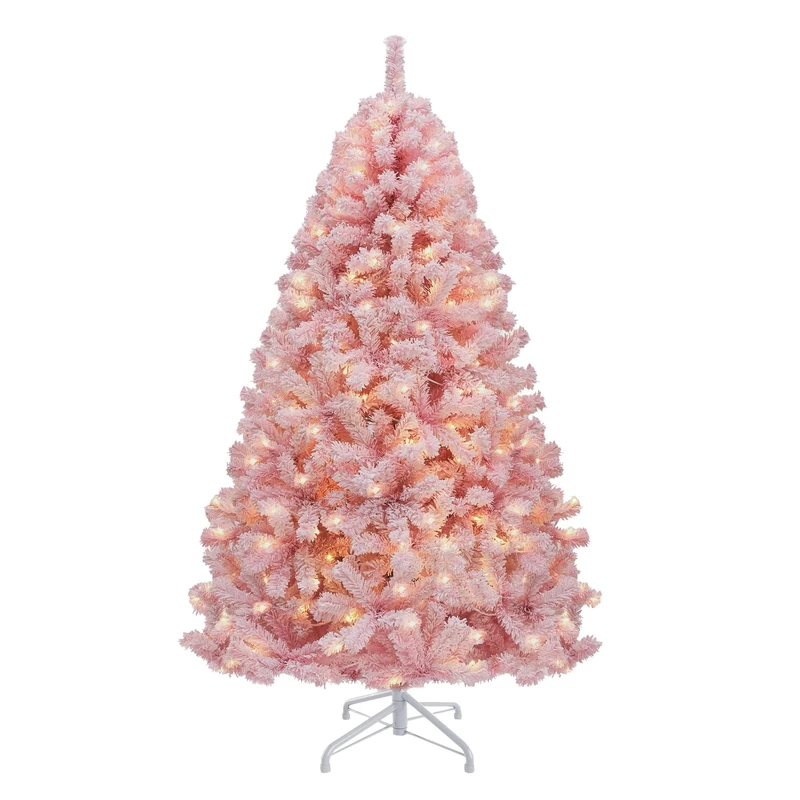 YITAHOME182cm Prelit Pink Flocked Spruce Artificial Christmas Tree, Pre-Lit Pink Christmas Tree with 928 PVC Tips and 250 Warm-White Lights for Home, Office Decoration