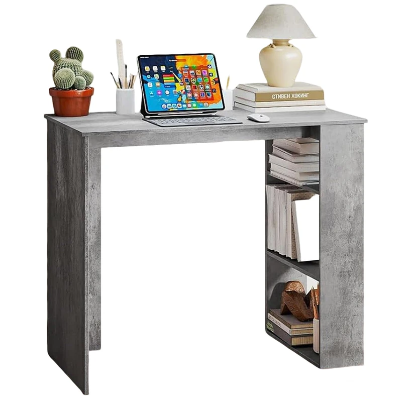 SFAREST Wooden Computer Desk with 2/3 Tier Bookshelf, 80/90CM Compact Laptop Table with 2 Compartments, PC Study Writing Workstation for Home Office (Grey, 90x45x75cm)