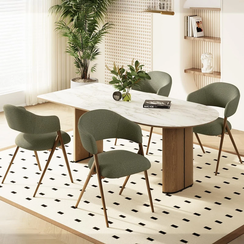 COLAMY Ergonomic Linen Dining Chair with 135° Recline, Breathable Cotton-Linen Fabric, Wooden-Look Metal Legs, 125kg Capacity, Modern Padded Dining Room Chair for Kitchen, Farmhouse & Home,Green