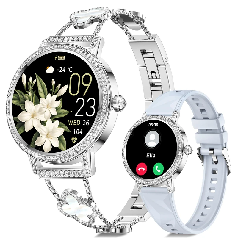 CIVO Smartwatch Women Fitness Tracker 110+ Sport Modes Bluetooth Call Smart watch Compatible with Android iOS Silver 4-Leaf Clover/Silicone Strap for Gym Outdoor Daily Use