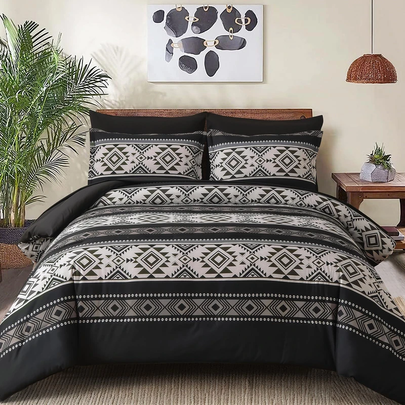 Anibedding Black Comforter Set Queen Size,7 Pieces Boho Striped Bed in a Bag Aztec Western Bedding Set, Soft Microfiber Farmhouse Bed Comforter Set for All Season