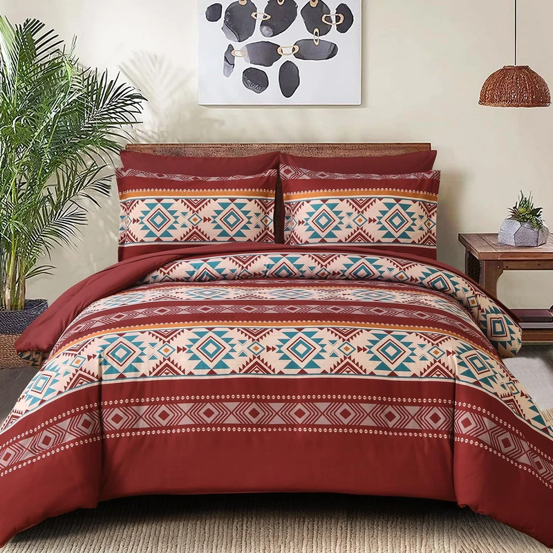 Anibedding Red Comforter Set Queen 7 Pieces Boho Bed in a Bag, Burgundy Aztec Striped Comforter Set with Sheets, Soft Microfiber Reversible Western Bedding Set for All Season
