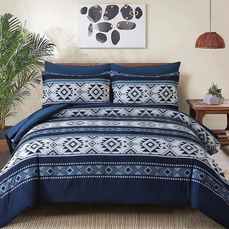 Anibedding Navy Blue Comforter Set Queen Size,7 Pieces Boho Bed in a Bag Aztec Western Bedding Set, Soft Microfiber Bed Comforter Set for All Season