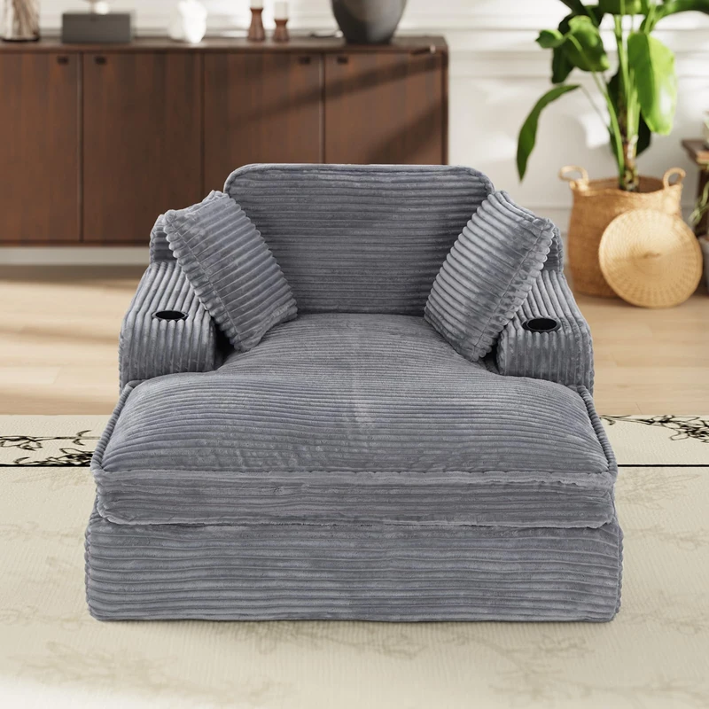 COLAMY Chaise Lounge Chair, Corduroy Single Sofa Bed with Pillow & Cup Holders, Double Layer Cushion Lounger Chair for Living Room, Bedroom or Guest Room, No Assembly Needed, Grey