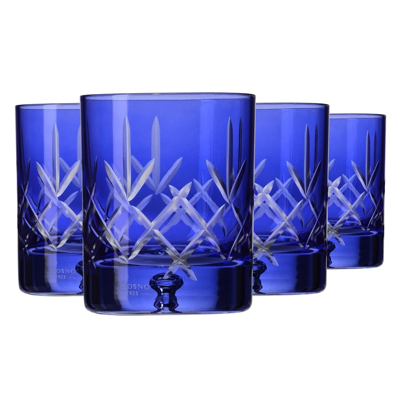 Krosno – Whisky, Bourbon & Scotch Glasses 250 ml – Set of 4 – Saga Collection – Handcrafted Crystal Glass – Blue Cut Design – Gift Idea
