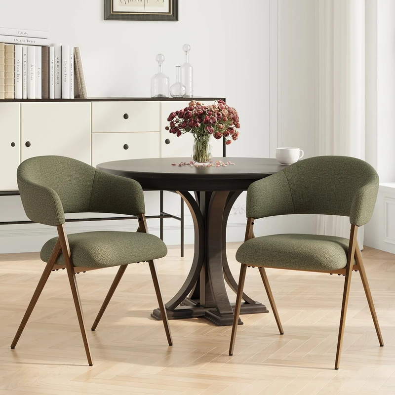 COLAMY Ergonomic Linen Dining Chair with 135° Recline, Breathable Cotton-Linen Fabric, Wooden-Look Metal Legs, 125kg Capacity, Modern Padded Dining Room Chair for Kitchen, Farmhouse & Home,Green - Image 1