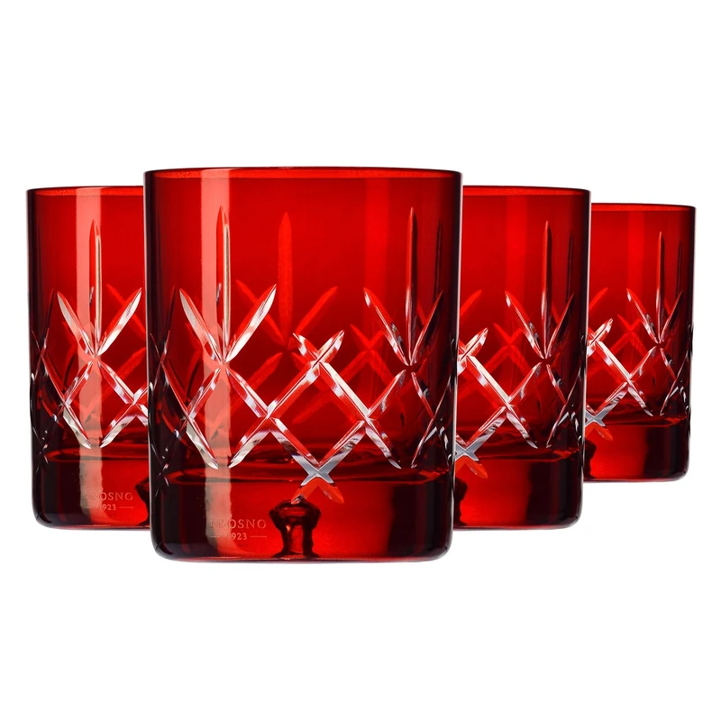 Krosno – Whisky, Bourbon & Scotch Glasses 250 ml – Set of 4 – Saga Collection – Handcrafted Crystal Glass – Red Cut Design – Gift Idea