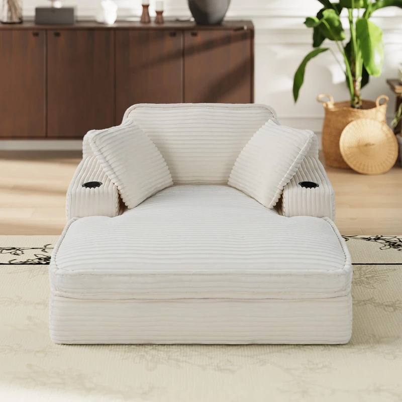 COLAMY Chaise Lounge Chair, Corduroy Single Sofa Bed with Pillow & Cup Holders, Double Layer Cushion Lounger Chair for Living Room, Bedroom or Guest Room, No Assembly Needed, Beige