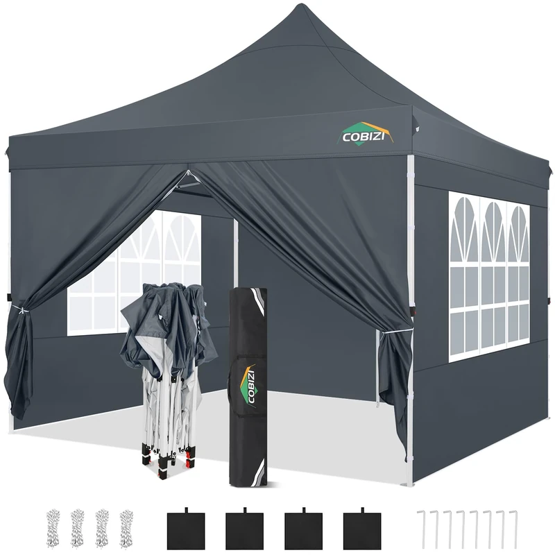 COBIZI Folding Gazebo 3 x 3 Waterproof Stable Winterproof Folding Party Tent with 4 Side Walls & 4 Sandbags Pop-Up Garden Gazebo UV Protection 50+ for Weddings Outdoor Grey