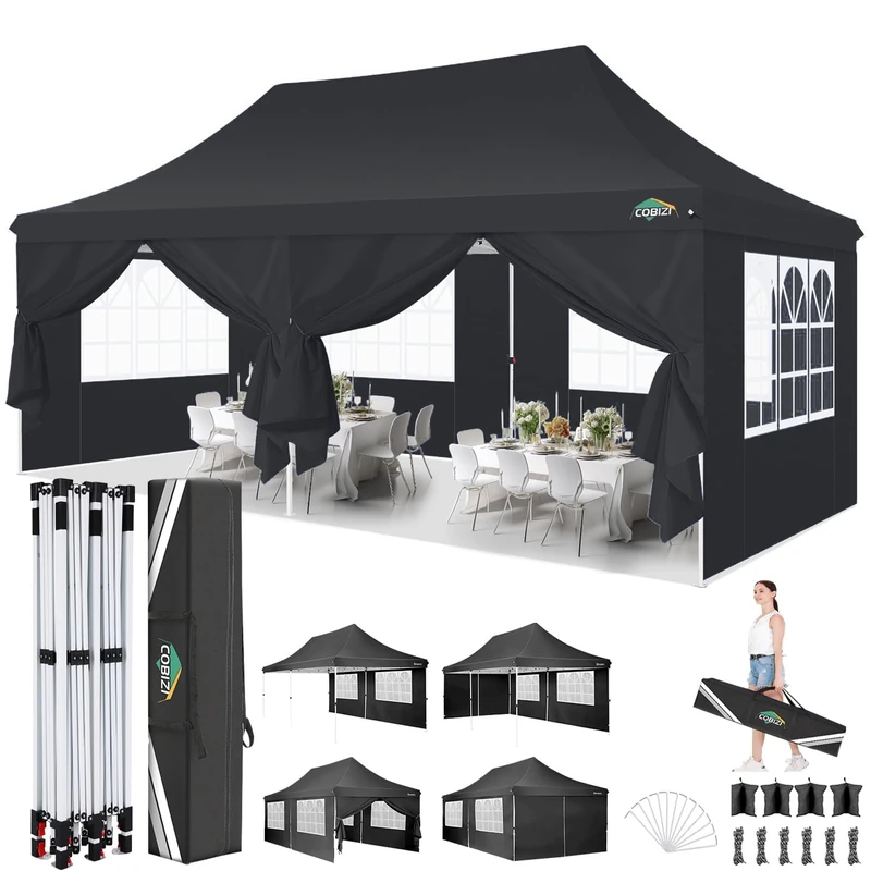 COBIZI Folding Gazebo 3 x 6 m Waterproof Stable Gazebo 3 x 6 m Party Tent Foldable Anti-UV with 6 Side Walls & 4 Sandbags for Weddings Outdoor Garden Party