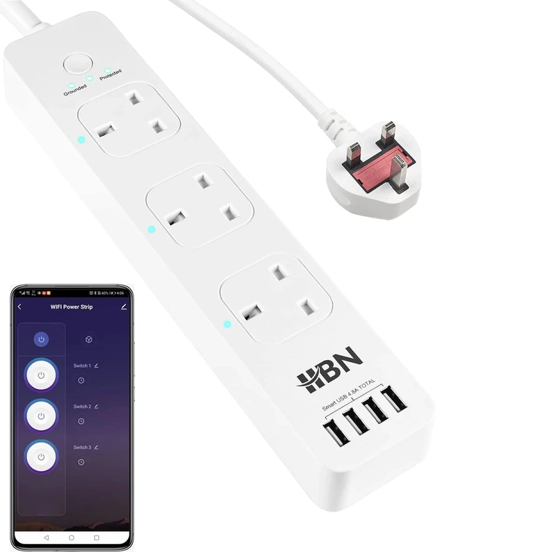 HBN Smart WiFi Extension Lead with 3 AC Outlets 4 USB Ports, APP Remote Control, Smart Plug that Works with Alexa and Google Home,Power Strip with 1.8 Meter Power Cord(13A 3120W)