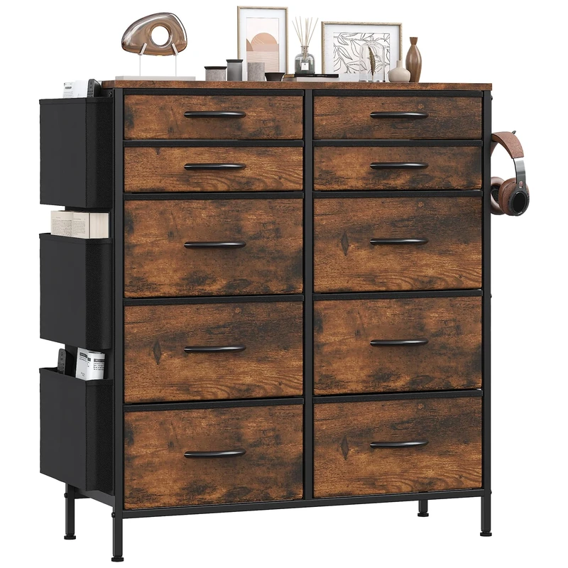 Feonase Tall Chest of Drawers, 10 Fabric Drawers Dresser with 3 Side Pockets & Hooks, Metal Frame, MDF Top Board, Versatile Organizer Storage Unit for Bedroom, Living Room, Rustic Brown
