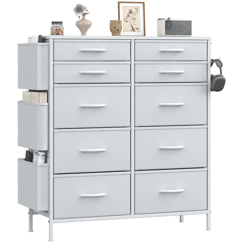 Feonase Tall Chest of Drawers, 10 Fabric Drawers Dresser with 3 Side Pockets & Hooks, Metal Frame, MDF Top Board, Versatile Organizer Storage Unit for Bedroom, Living Room, White
