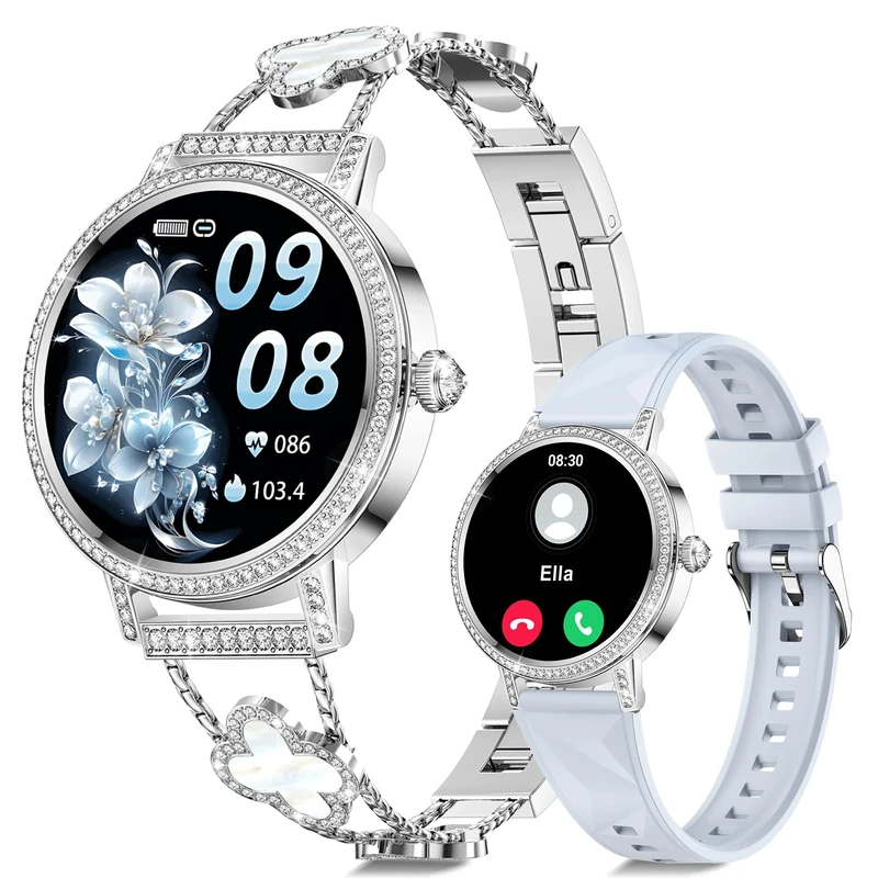 CIVO Smartwatch Women Fitness Tracker: Bluetooth Call 110+ Sport Modes Tracker Smart watch Compatible with Android iOS - Silver 4-Leaf Clover/Silicone Strap for Gym Outdoor Daily Use