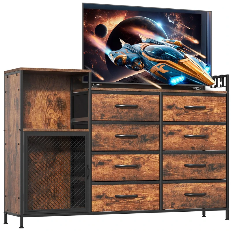 Feonase Large Chest of Drawers Bedroom, 8 Drawers Dresser with Shelf and Cabinet, Metal Frame, MDF Top Board, Versatile Organizer Storage Unit for Bedroom, Living Room, Rustic Brown