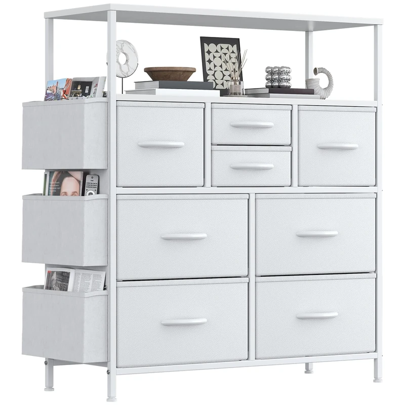 Feonase Tall Chest of Drawers, 8 Fabric Drawers Dresser with Shelf and 3 Side Pockets, Metal Frame, MDF Top Board, Versatile Organizer Storage Unit for Bedroom, Living Room, White