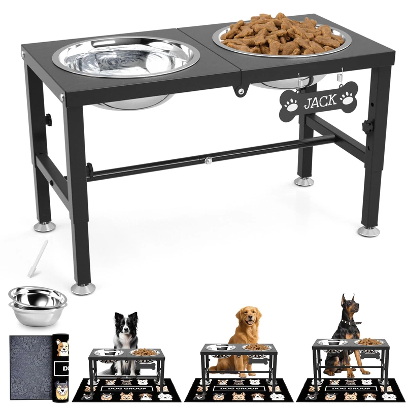 SHAINFUN Elevated Dog Bowls with Mat for Medium Large Dogs, Adjustable Height Raised Dog Bowl Stand with Two 68oz Bowls, Dogs Food Water Bowl Holder