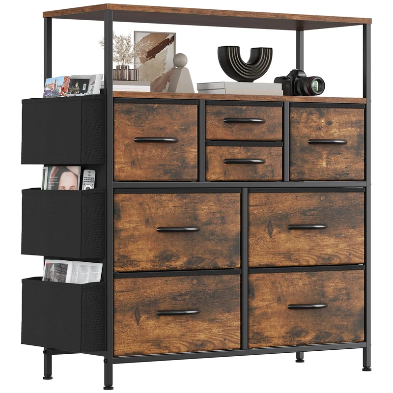 Feonase Tall Chest of Drawers, 8 Fabric Drawers Dresser with Shelf and 3 Side Pockets, Metal Frame, MDF Top Board, Versatile Organizer Storage Unit for Bedroom, Living Room, Rustic Brown