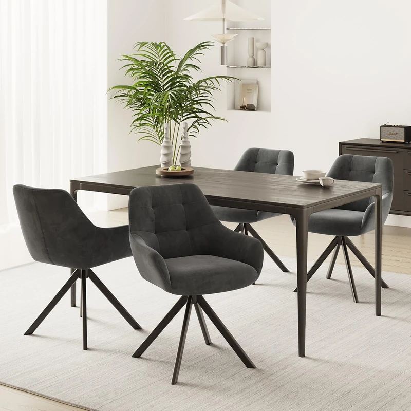 COLAMY 360° Swivel Dining Chairs Set of 4 with Sturdy Metal Base – Luxury Velvet Upholstered Kitchen Chairs with Thick Padded Seat, Button-Tufted Backrest for Home, Dining Room, or Café,Grey