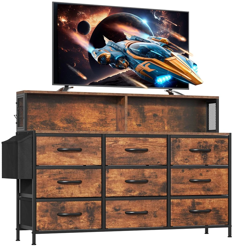 Feonase Large Chest of Drawers Bedroom, 9 Drawers Dresser with Shelf and Side Pocket, Metal Frame, MDF Top Board, Versatile Organizer Storage Unit for Bedroom, Living Room, Rustic Brown