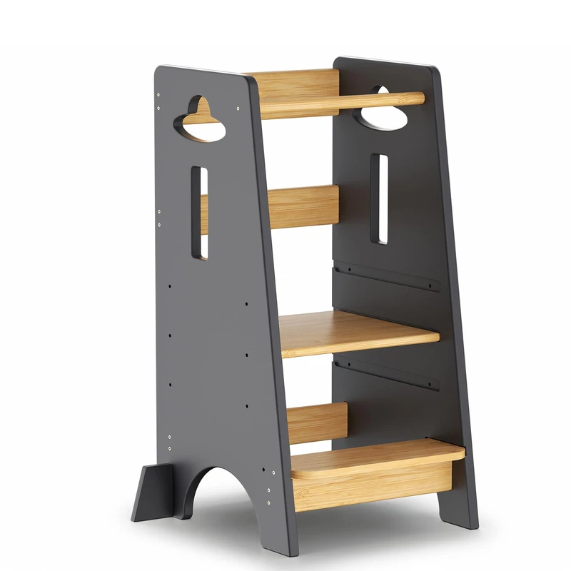 COSYLAND Learning Tower for Children - Wooden Learning Tower for Babies from 1 to 6 Years - Height Adjustable in 3 Levels - 80CM - Classic and Natural Grey