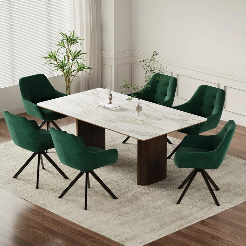 COLAMY 360° Swivel Dining Chairs Set of 6 with Sturdy Metal Base – Luxury Velvet Upholstered Kitchen Chairs with Thick Padded Seat, Button-Tufted Backrest for Home, Dining Room, or Café,Green