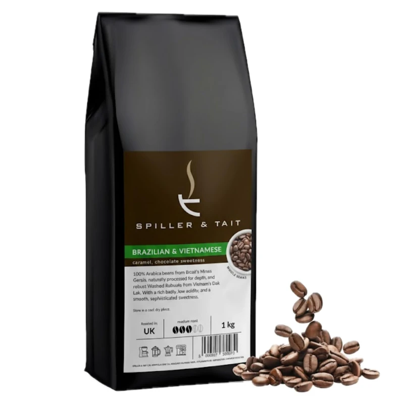 Spiller & Tait Brazilian & Vietnamese Coffee Bean Blend 1kg – Medium Roast Arabica & Robusta | Low Acidity, Smooth Sweetness | Espresso, Milk-Based & Filter Brew