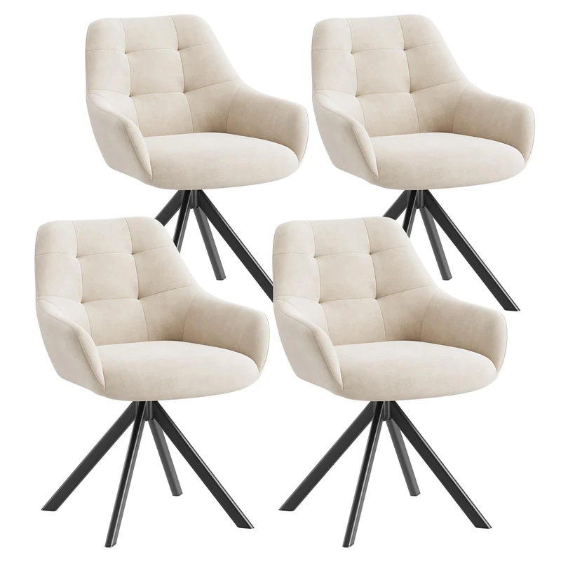 COLAMY 360° Swivel Dining Chairs Set of 4 with Sturdy Metal Base – Luxury Velvet Upholstered Kitchen Chairs with Thick Padded Seat, Button-Tufted Backrest for Home, Dining Room, or Café,Beige