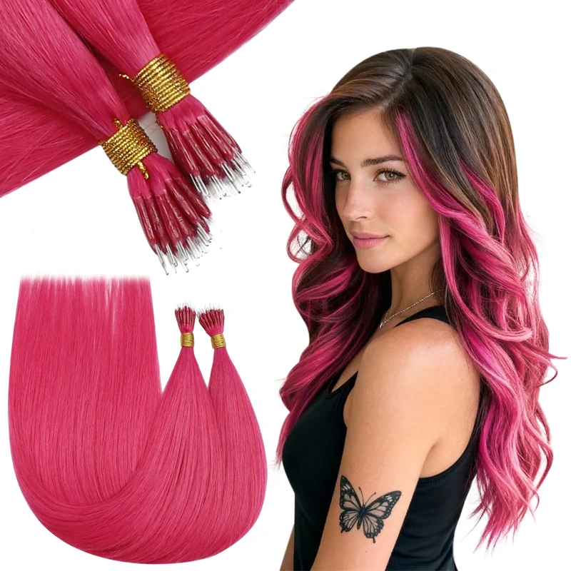 RUNATURE Nano Pink Hair Extensions Real Human Hair Hotpink Nano Beads Hair Extensions Real Hair Pink Remy Invisible Nano Ring Hair 16 Inch 50s/50g