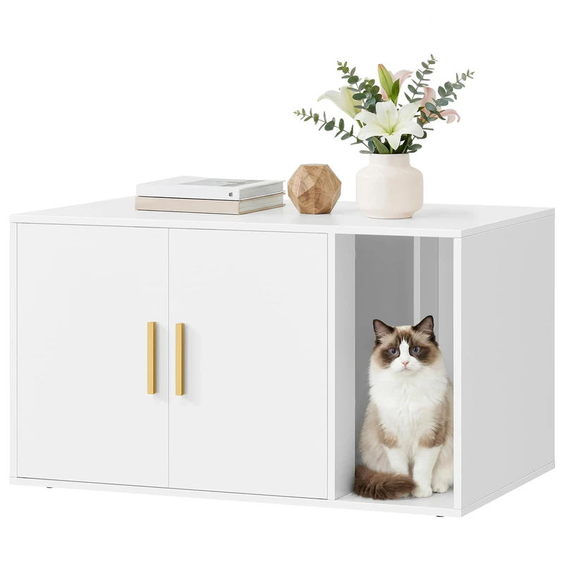 Feandrea Cat Litter Box Enclosure, Modern Hidden Litter Box Furniture with Front Entry, Double Doors, Indoor Pet House Side End Table, 80 x 50 x 45 cm, Cloud White PCL020WB02