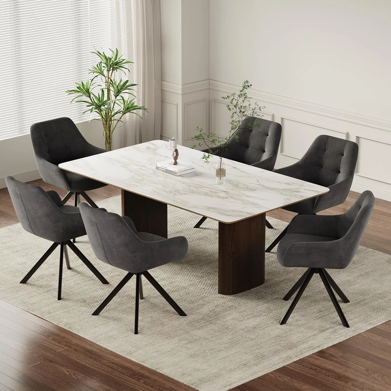 COLAMY 360° Swivel Dining Chairs Set of 6 with Sturdy Metal Base – Luxury Velvet Upholstered Kitchen Chairs with Thick Padded Seat, Button-Tufted Backrest for Home, Dining Room, or Café,Grey