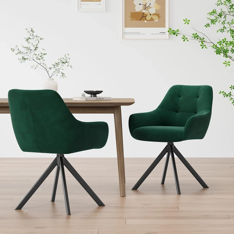 COLAMY 360° Swivel Dining Chairs Set of 2 with Sturdy Metal Base – Luxury Velvet Upholstered Kitchen Chairs with Thick Padded Seat, Button-Tufted Backrest for Home, Dining Room, or Café,Green