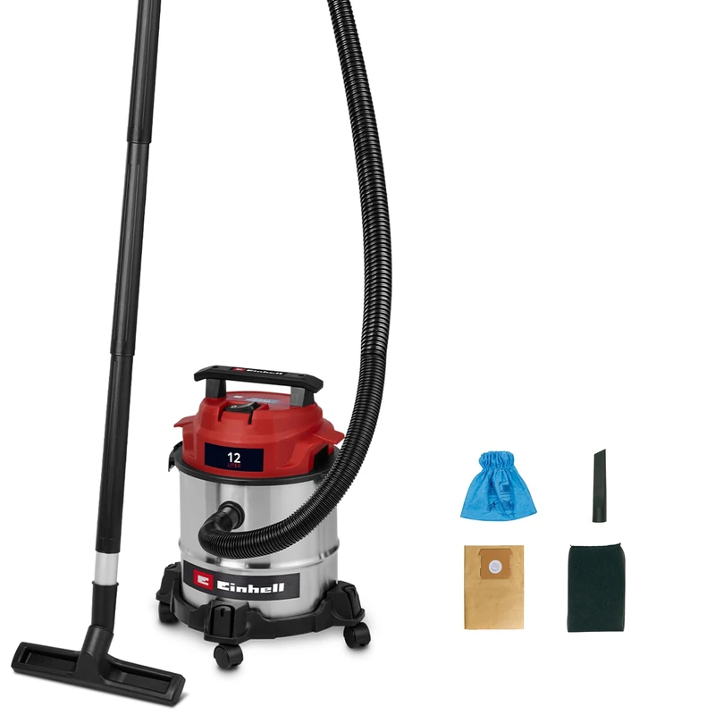 Einhell heavy duty vacuum TC-VC 1240 S (950 W, 180 mbar, 4 swirling wheels, 12 l container, incl. joint and combination nozzle, foam filter, dirt collection bag and filter bag)
