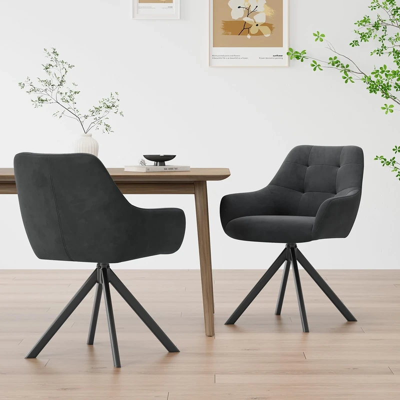COLAMY 360° Swivel Dining Chairs Set of 2 with Sturdy Metal Base – Luxury Velvet Upholstered Kitchen Chairs with Thick Padded Seat, Button-Tufted Backrest for Home, Dining Room, or Café,Grey