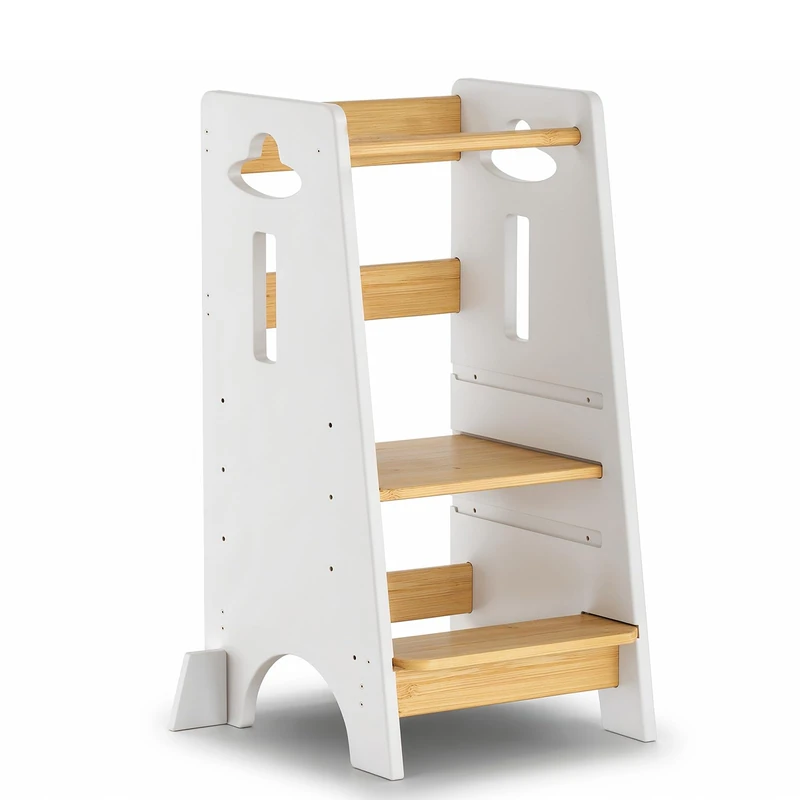 COSYLAND Learning Tower for Children - Wooden Learning Tower for Babies from 1 to 6 Years - Height Adjustable in 3 Levels - 80 cm - Classic and Natural White