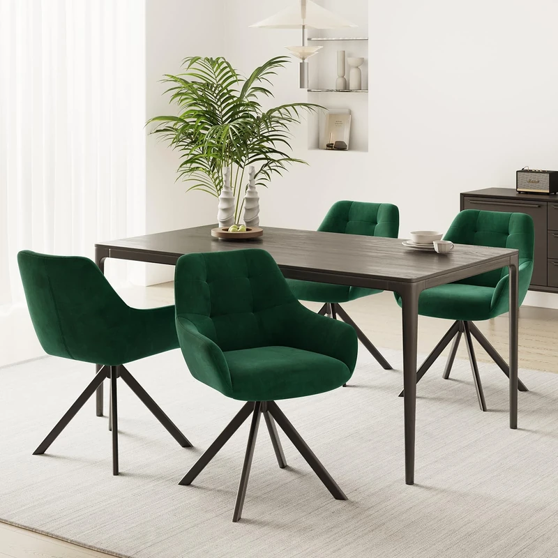 COLAMY 360° Swivel Dining Chairs Set of 4 with Sturdy Metal Base – Luxury Velvet Upholstered Kitchen Chairs with Thick Padded Seat, Button-Tufted Backrest for Home, Dining Room, or Café,Green